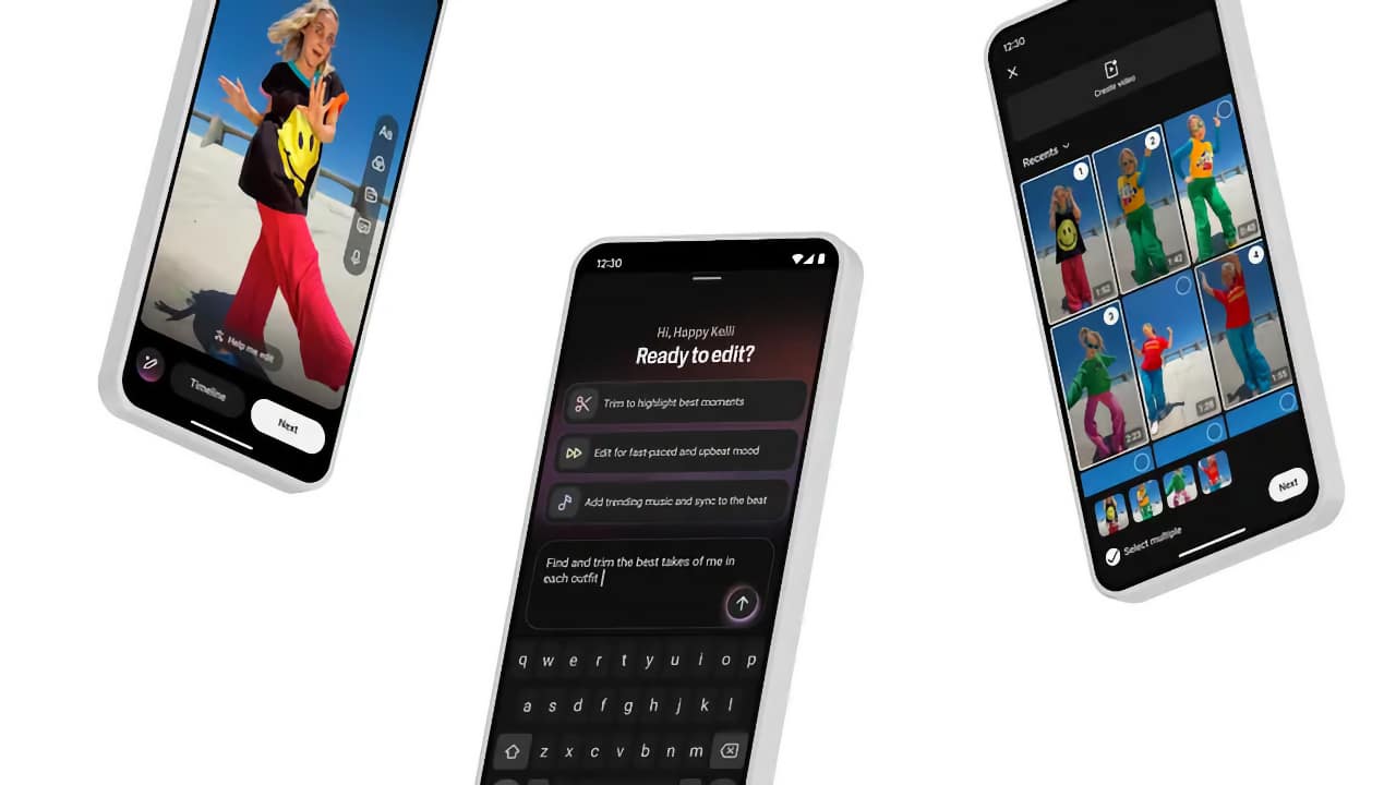 Teléfonos mostrando las nuevas herramientas de edición con IA de YouTube