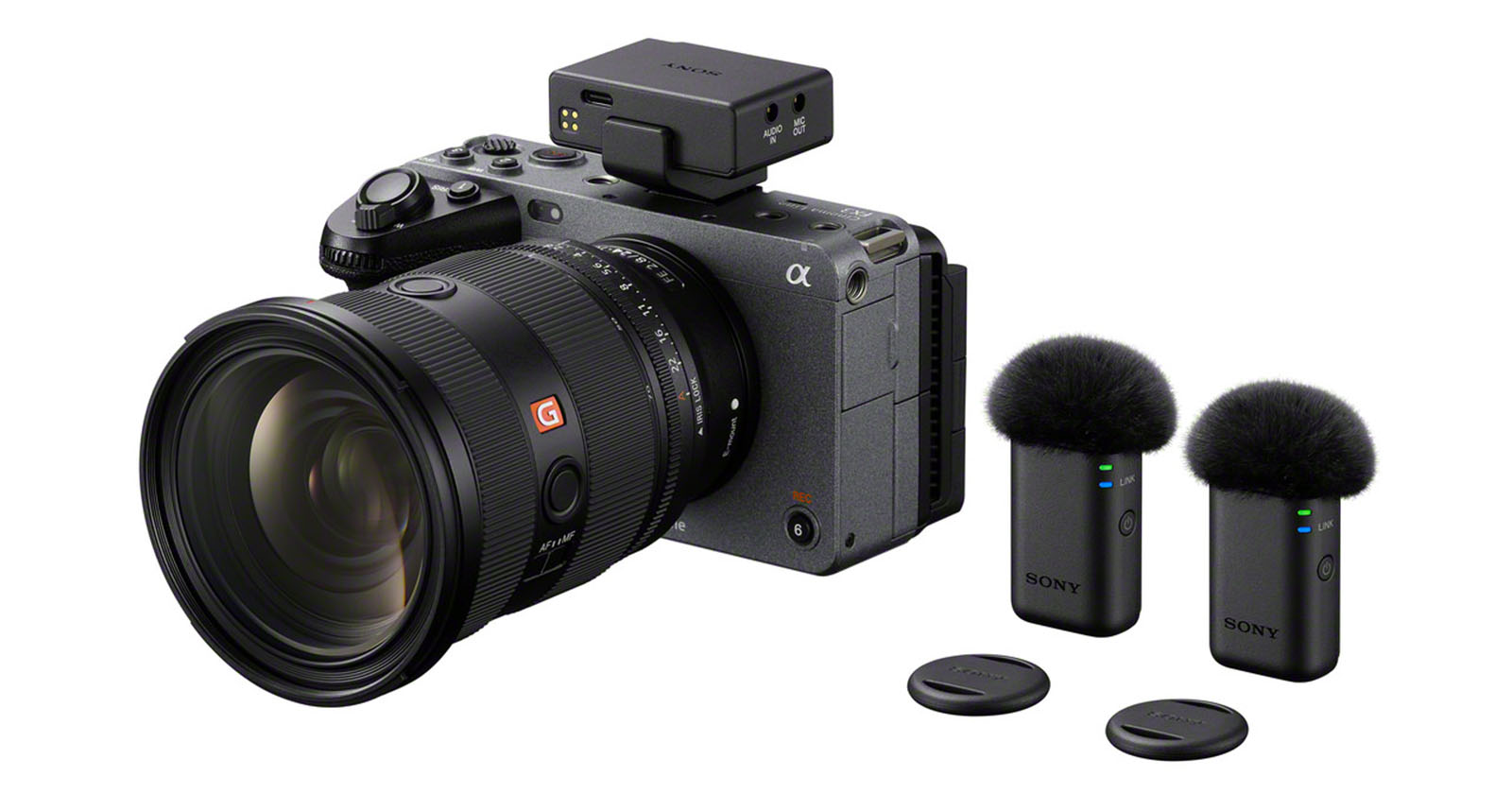 Sony FX3 con el receptor del ECM-W5 en la zapata y dos transmisores con peluche