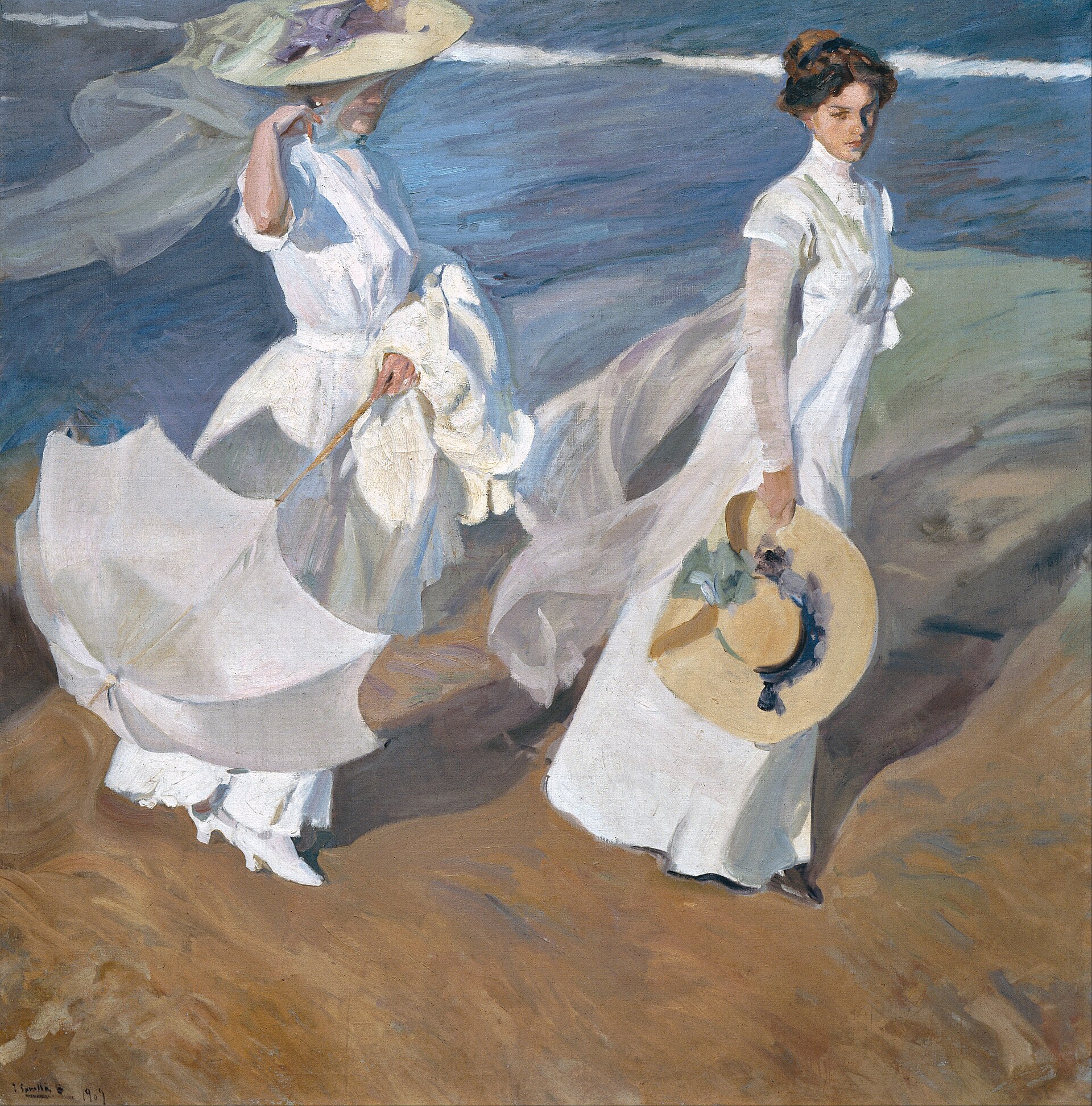 Paseo a orillas del mar, de Joaquín Sorolla, con dos mujeres vestidas de blanco en la playa